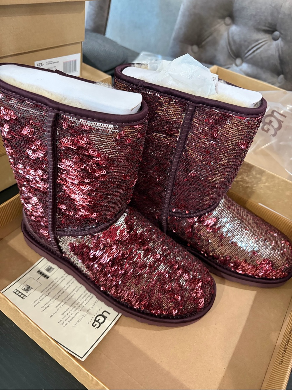 UGG Women's Sequin Classic Boot in Burgundy Sparkle